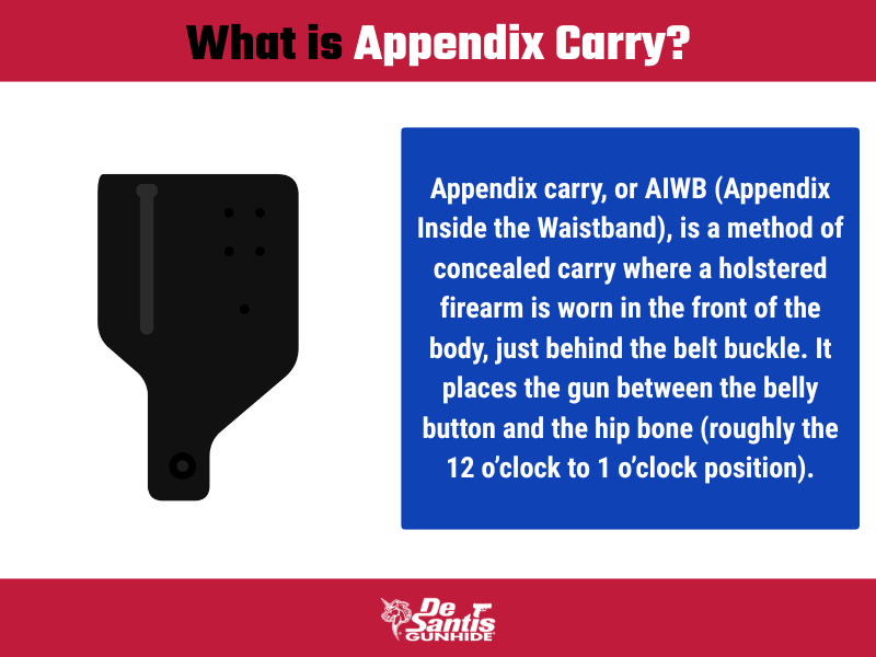 Infographic explaining appendix carry, or AIWB (Appendix Inside the Waistband), a concealed carry method where a holstered firearm is positioned at the front of the body between the belly button and hip bone, around the 12 o’clock to 1 o’clock position.