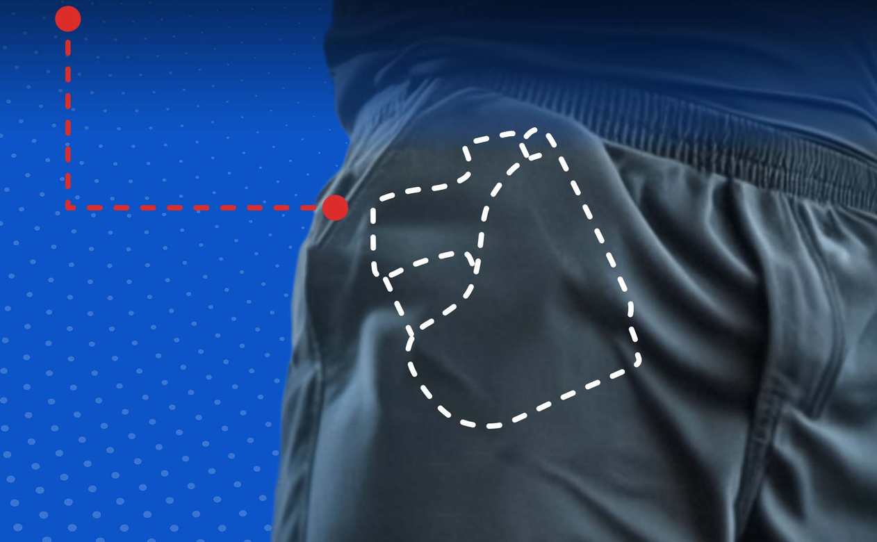 Illustration showing the pocket carry position for concealed carry, with a holster outline placed inside a person's front pants pocket.