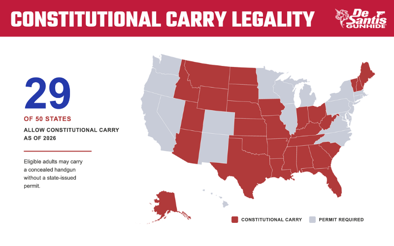 Infographic showing constitutional carry laws across the United States, with a map highlighting states that allow concealed carry without a permit as of 2026.